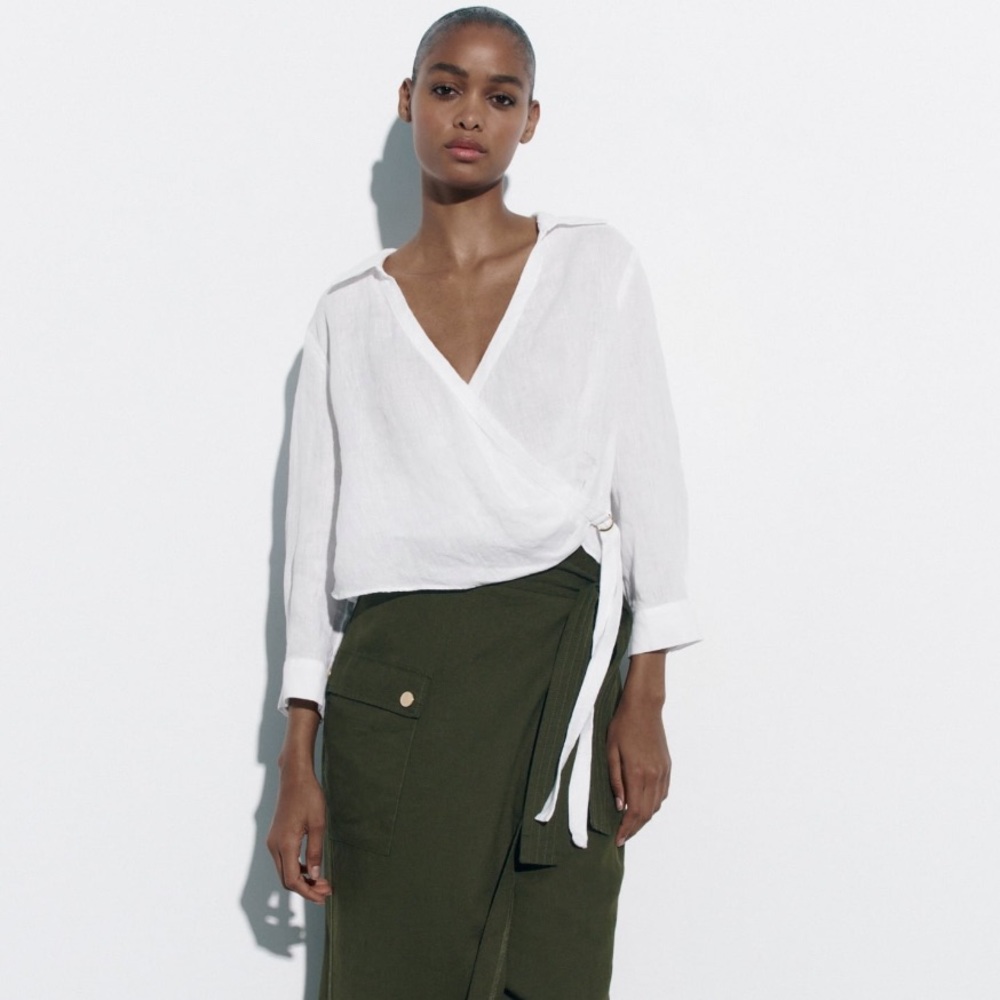 ZARA Linen Wrap Top White Size Small